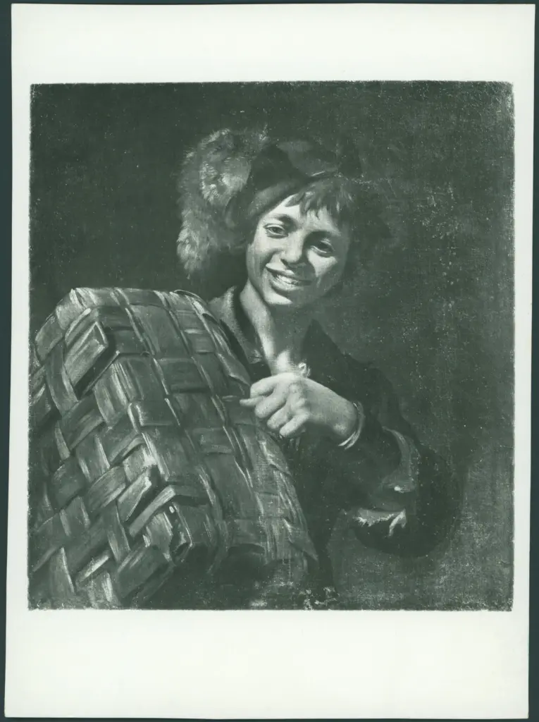 Anonimo caravaggesco italiano - sec. XVII - Figura maschile con cesta mentre compie gesto volgare