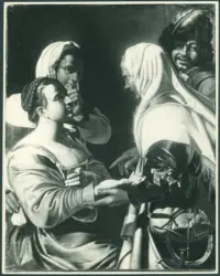 Anonimo caravaggesco italiano - sec. XVII - Zingara che legge la mano