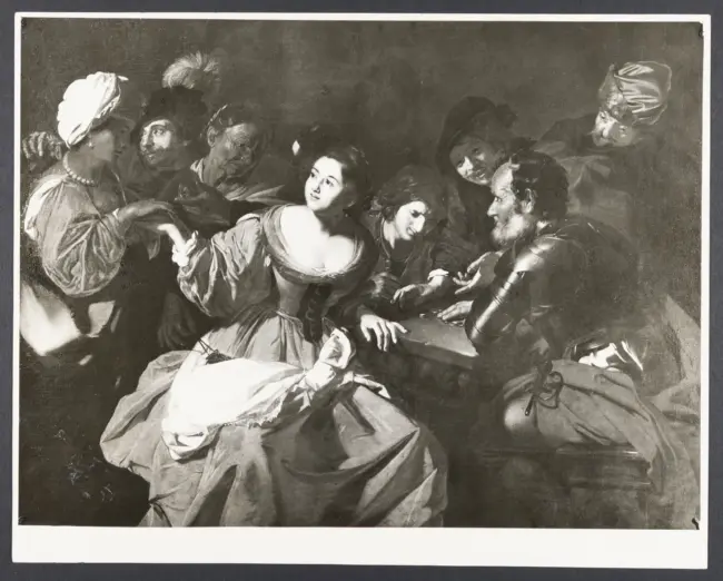 Scena di osteria con giocatori di dadi e zingara che legge la mano