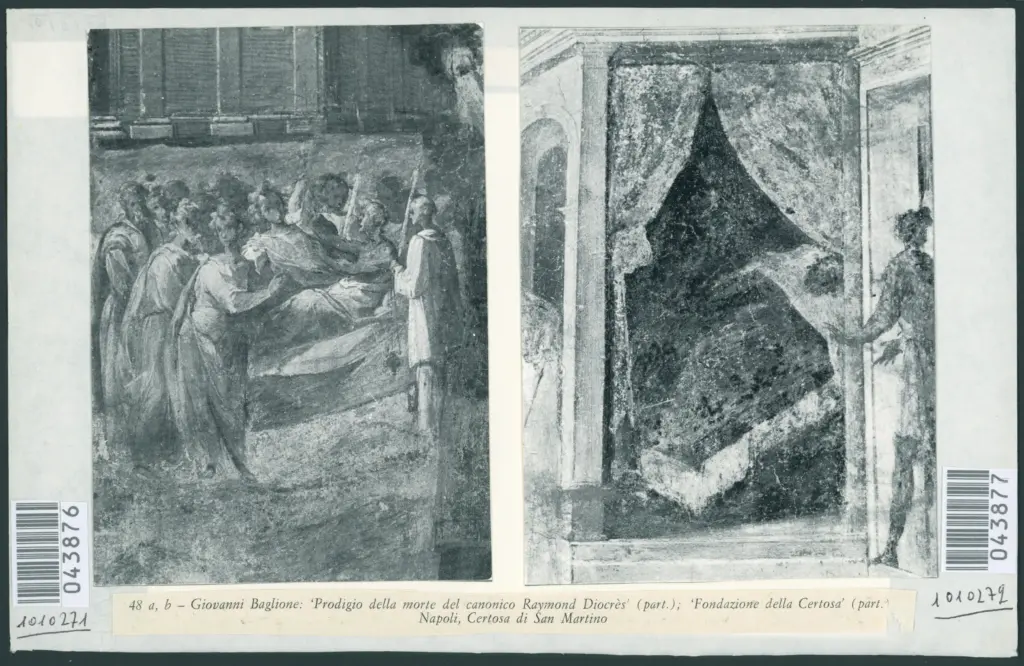 48 a, b - Giovanni Baglione: 'Prodigio della morte del canonico Raymond Diocrès' (part.); 'Fondazione della Certosa' (part.). Napoli, Certosa di San Martino