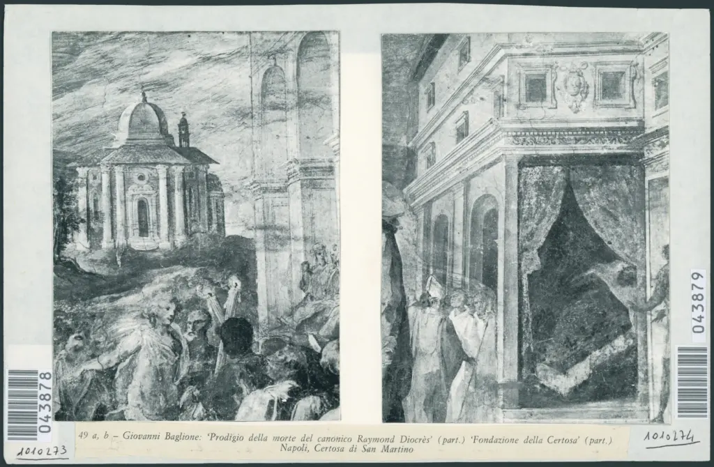 49 a, b - Giovanni Baglione: 'Prodigio della morte del canonico Raymond Diocrès' (part.); 'Fondazione della Certosa' (part.). Napoli, Certosa di San Martino