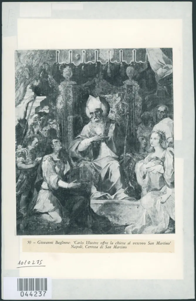 Carlo l'Illustre in atto di offrire la chiesa al vescovo San Martino