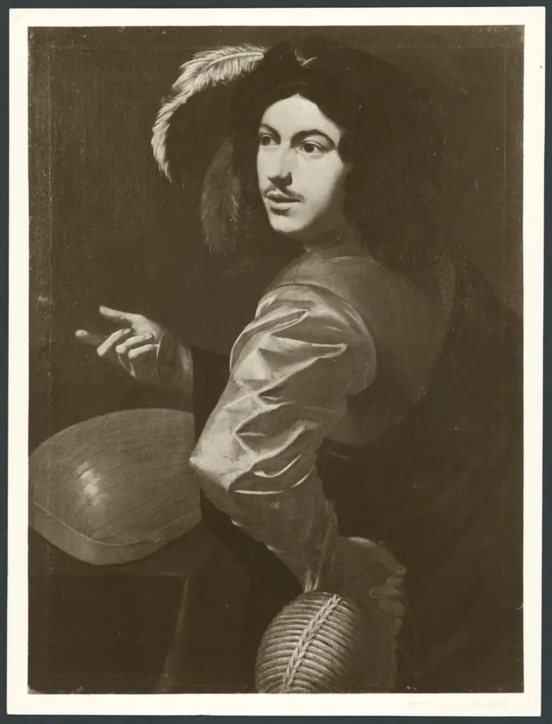 Figura maschile con cappello, fiasco di vino e liuto