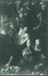 Cerquozzi Michelangelo (Michelangelo delle Bambocciate/ Michelangelo delle Battaglie) - sec. XVII - Natura morta con frutta, figura femminile e figura maschile che raccoglie melagrane