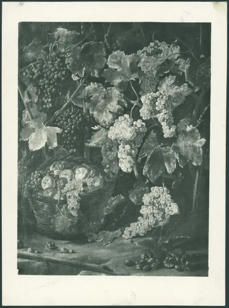 Natura morta con uva, cesto di mele e castagne