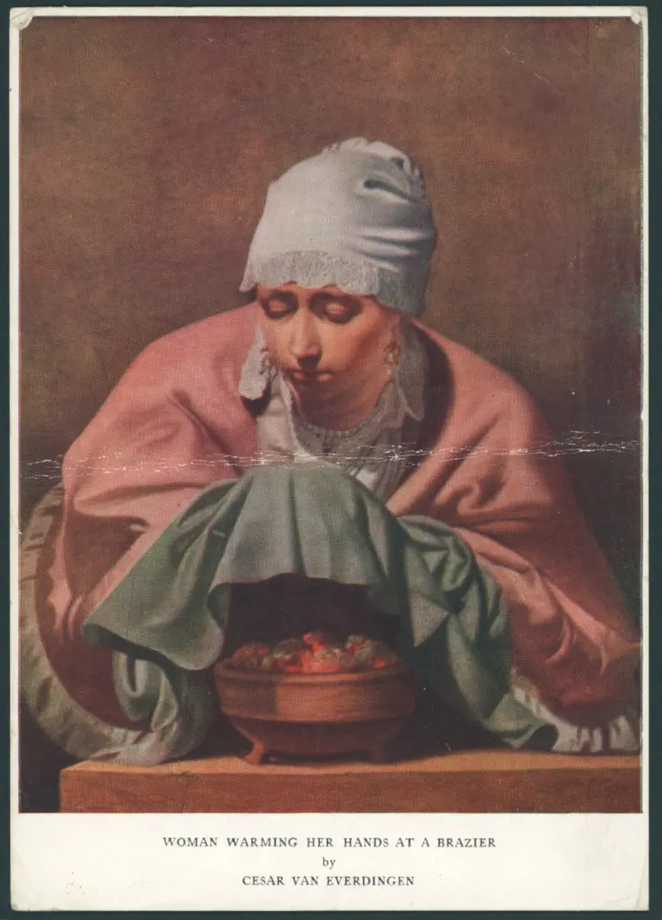 Woman warming her hands at a brazier by Cesar van Everdingen