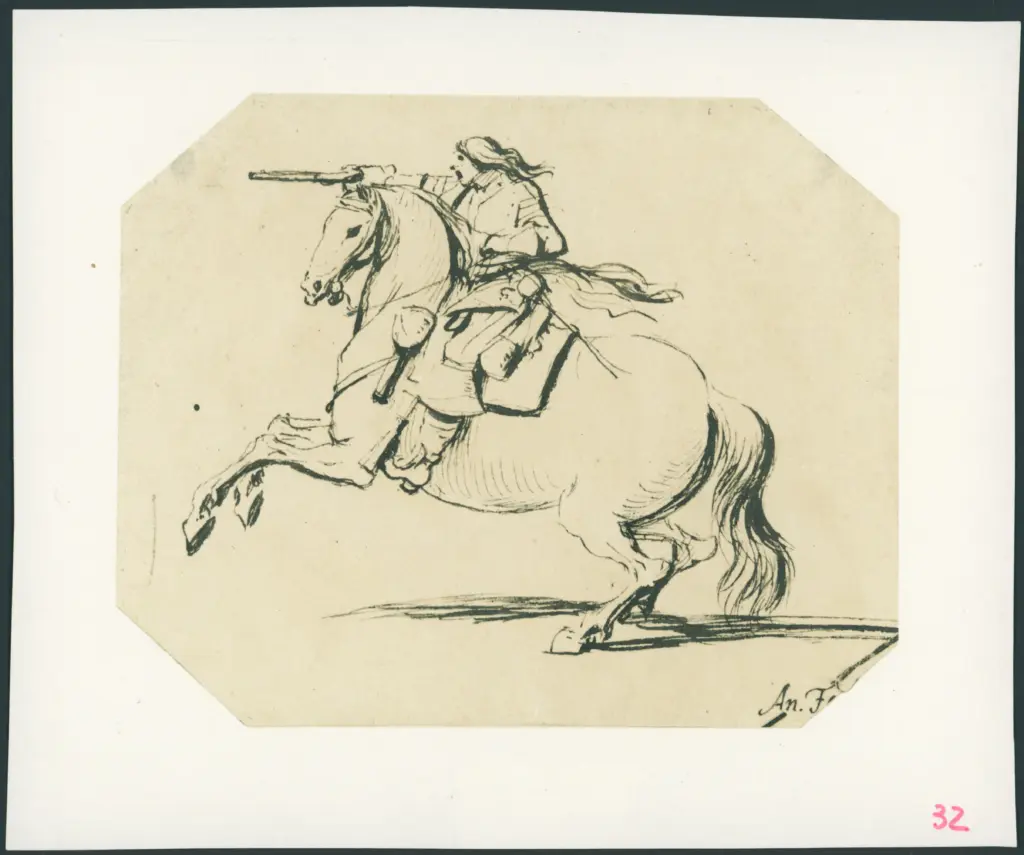 Soldato con un fucile su un cavallo che si impenna