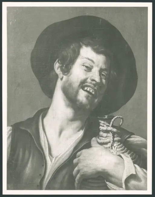 Bevitore che ride con fiasco di vino