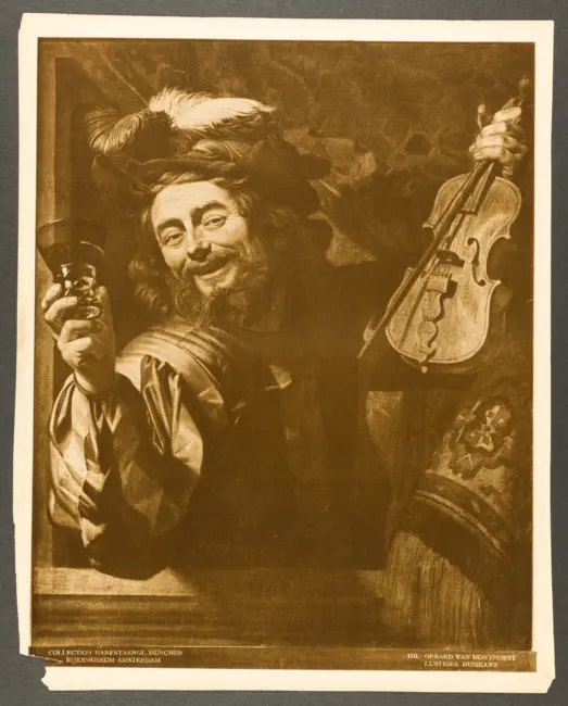 Suonatore di violino con bicchiere di vino