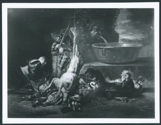 Coninck David de - sec. XVII - Natura morta con selvaggina, pollame, cane e gatto