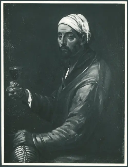 Maestro del Giudizio di Salomone (?) - sec. XVII - Figura maschile con calice e fiasco di vino