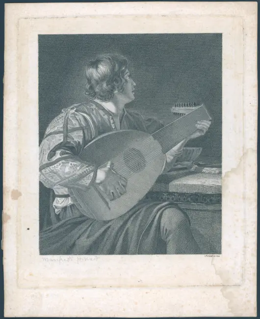 Reindel Albert Christoph (incisore); Manfredi Bartolomeo(inventore) - sec. XVII - Suonatore di liuto