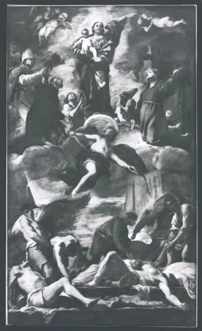 La Madonna, san Gennaro, santa Rosalia e san Francesco Saverio intercedono per la protezione di Napoli durante la peste