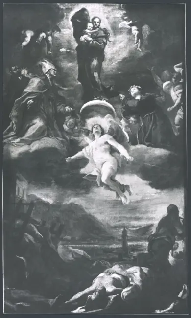 La Madonna, san Gennaro, santa Rosalia e san Francesco Saverio intercedono per la protezione di Napoli durante la peste