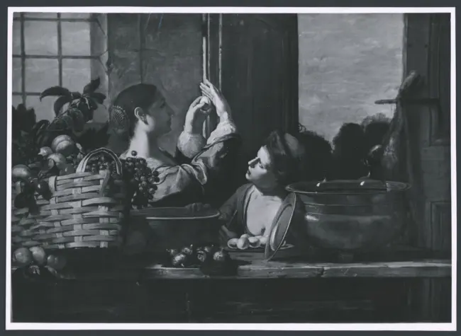 Salini Tommaso (Mao Salini) - sec. XVI/ XVII - Natura morta con cesto di frutta, fichi, uova e due giovani donne