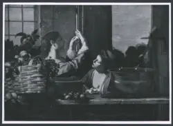 Salini Tommaso (Mao Salini) - sec. XVI/ XVII - Natura morta con cesto di frutta, fichi, uova e due giovani donne