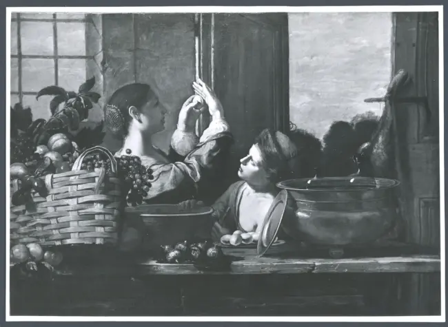 Salini Tommaso (Mao Salini) - sec. XVI/ XVII - Natura morta con cesto di frutta, fichi, uova e due giovani donne