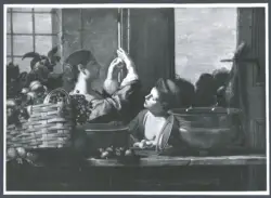 Salini Tommaso (Mao Salini) - sec. XVI/ XVII - Natura morta con cesto di frutta, fichi, uova e due giovani donne