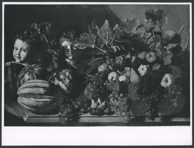 Salini Tommaso (Mao Salini) - sec. XVI/ XVII - Natura morta con cocomeri, cesto di frutta e bambini