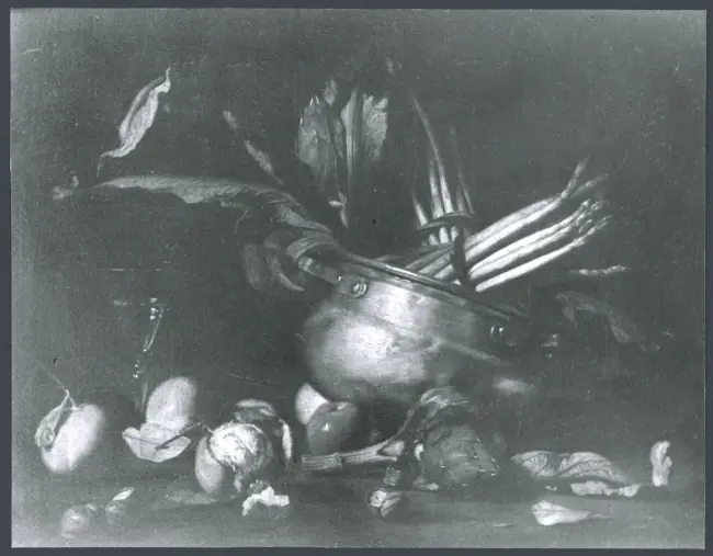 Salini Tommaso (Mao Salini) - sec. XVI/ XVII - Natura morta con catino, frutta e ortaggi