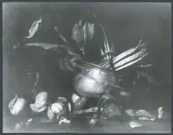 Salini Tommaso (Mao Salini) - sec. XVI/ XVII - Natura morta con catino, frutta e ortaggi
