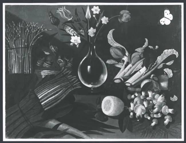 Salini Tommaso (Mao Salini) (scuola) - sec. XVI/ XVII - Natura morta con vaso di fiori, ortaggi, funghi e cesto di lumache