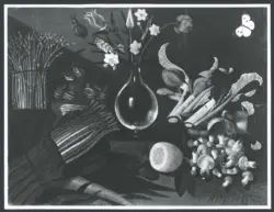 Salini Tommaso (Mao Salini) (scuola) - sec. XVI/ XVII - Natura morta con vaso di fiori, ortaggi, funghi e cesto di lumache