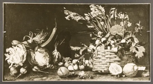 Salini Tommaso (Mao Salini) - sec. XVI/ XVII - Natura morta con ortaggi e cesto di frutta e fiori