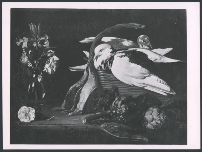 Salini Tommaso (Mao Salini) - sec. XVI/ XVII - Natura morta con vaso di fiori, carciofi e colombi