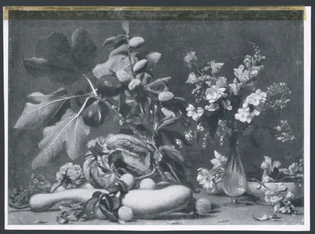 Anonimo caravaggesco - sec. XVII - Natura morta con frutta, ortaggi e vaso di fiori