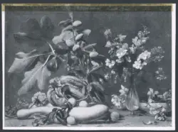 Anonimo caravaggesco - sec. XVII - Natura morta con frutta, ortaggi e vaso di fiori