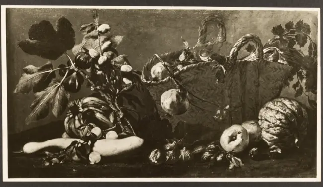 Salini Tommaso (Mao Salini) - sec. XVI/ XVII - Natura morta con frutta, ortaggi e cesto di melagrane