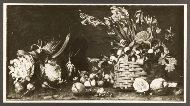 Salini Tommaso (Mao Salini) - sec. XVI/ XVII - Natura morta con ortaggi e cesto di frutta e fiori