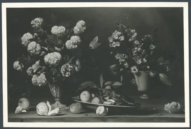 Salini Tommaso (Mao Salini) - sec. XVI/ XVII - Natura morta con piatto di frutta, brocca e vaso di fiori