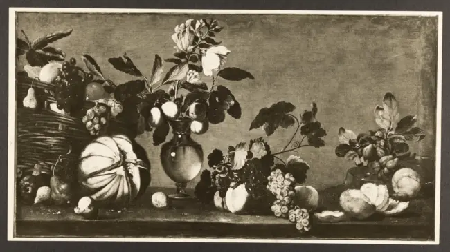 Anonimo caravaggesco - sec. XVII - Natura morta con cesto di frutta, zucca e vaso di fiori
