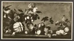 Anonimo caravaggesco - sec. XVII - Natura morta con cesto di frutta, zucca e vaso di fiori