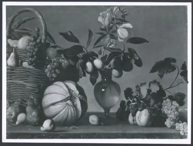 Anonimo caravaggesco - sec. XVII - Natura morta con cesto di frutta, zucca e vaso di fiori