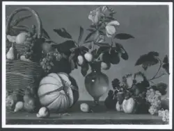 Anonimo caravaggesco - sec. XVII - Natura morta con cesto di frutta, zucca e vaso di fiori