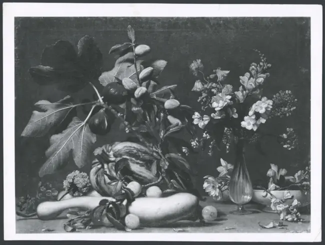 Anonimo caravaggesco - sec. XVII - Natura morta con frutta, ortaggi e vaso di fiori