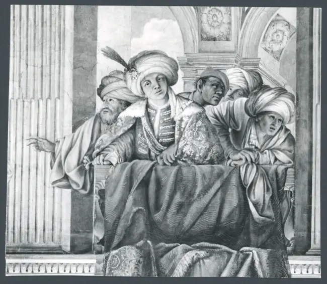 Architettura dipinta, Figure allegoriche, Putti, Scene bibliche, Scene encomiastiche
