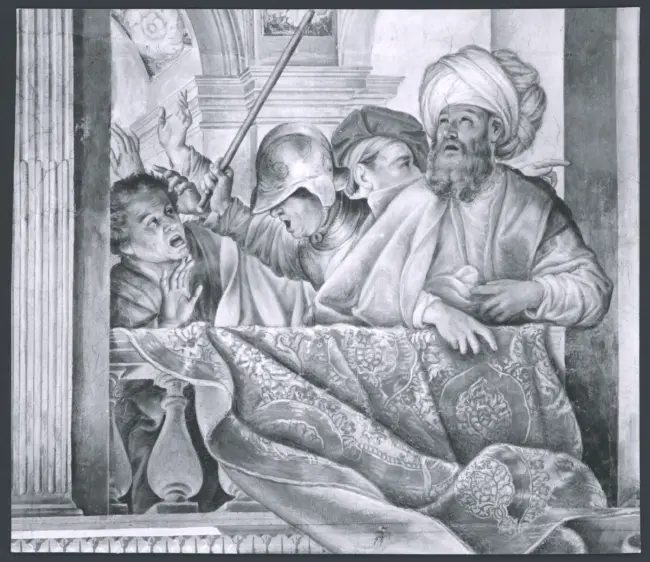 Architettura dipinta, Figure allegoriche, Putti, Scene bibliche, Scene encomiastiche