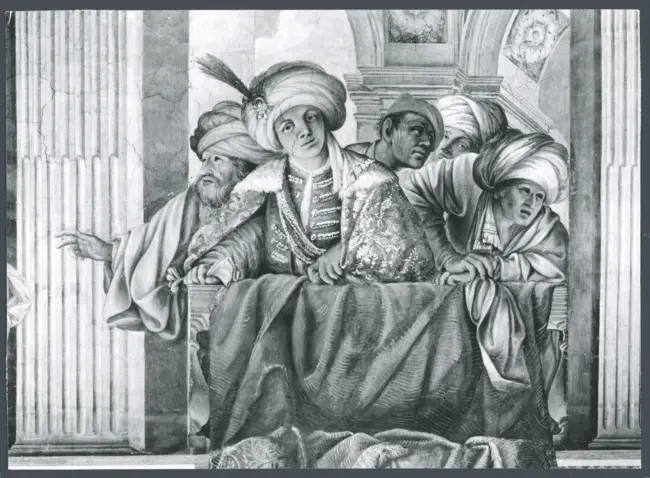 Architettura dipinta, Figure allegoriche, Putti, Scene bibliche, Scene encomiastiche