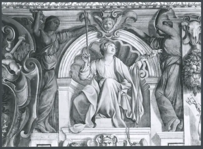 Architettura dipinta, Figure allegoriche, Putti, Scene bibliche, Scene encomiastiche